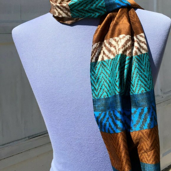 Blue & Tan Stripe Print Scarf Vintage Jean Pierre Robin Hair Bow Tie Headband - Picture 5 of 6